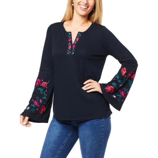 Deals 🎉 "As Is" DG2 By Diane Gilman Embroidered Flare-Sleeve Knit Top 😀