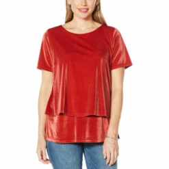 Deals 🤩 DG2 By Diane Gilman Stretch Velvet Short-Sleeve Easy Top Navy 🥰