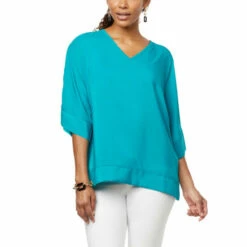 Wholesale ✨ DG2 By Diane Gilman Woven V-Neck Dolman-Sleeve Top Magenta 👏