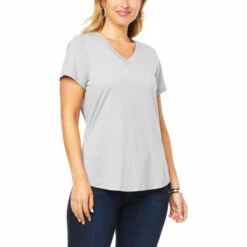 Hot Sale ⭐ DG2 By Diane Gilman Jersey Knit Basic V-Neck Tee Dusty Olive 😉