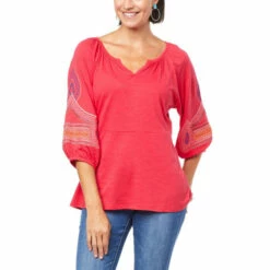 Discount 😍 DG2 By Diane Gilman Embroidered Puff-Sleeve Peplum Top Cherry 🎁