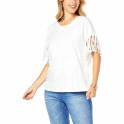 Buy ⌛ DG2 By Diane Gilman Jersey Knit Fringe Side Tee Chambray 🎉