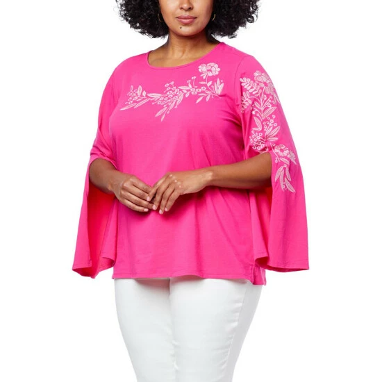 Coupon 😍 DG2 By Diane Gilman Embroidered Flared-Sleeve Top Raspberry ✔️ - Image 2