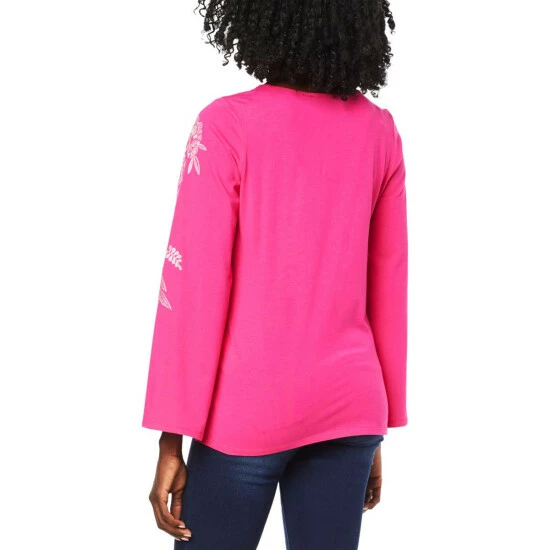 Coupon 😍 DG2 By Diane Gilman Embroidered Flared-Sleeve Top Raspberry ✔️ - Image 3