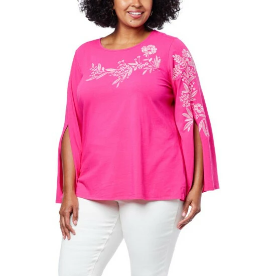 Coupon 😍 DG2 By Diane Gilman Embroidered Flared-Sleeve Top Raspberry ✔️ - Image 5
