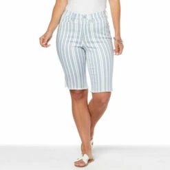 Cheap ❤️ DG2 By Diane Gilman Virtual Stretch Printed Fray-Hem Bermuda Short Chambray Stripes 💯