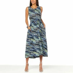 New 🎉 DG2 By Diane Gilman Sleeveless Tie-Waist Maxi 👗 Dress Navy 🧨