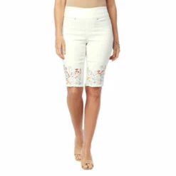 Best Pirce 😀 DG2 By Diane Gilman Virtual Stretch Pull-On Embroidered Bermuda Short White 🤩