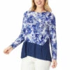 New 😀 DG2 By Diane Gilman Ribbed Knit Pleated Underlay Combo Top Scattered Floral/navy 🔥